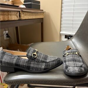 Plaid Grey Women's Loafers with Gold Bit Accent
